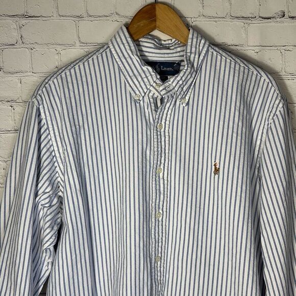Ralph Lauren Custom Fit Blue Cotton Striped Dress Shirt Mens Size XL Color Pony - Picture 2 of 7